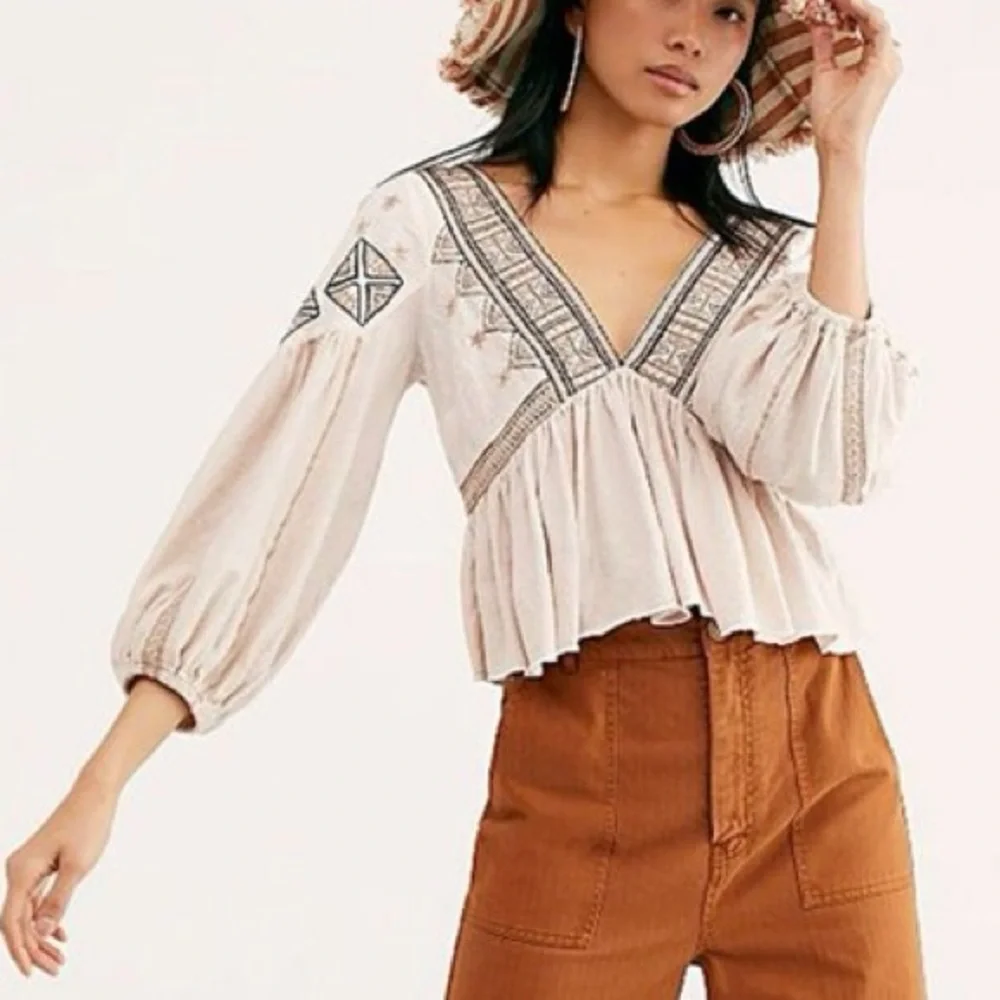 Free People Aria Embroidered Crochet Ruffle Peplum Crop Top in Lagoon Combo - M